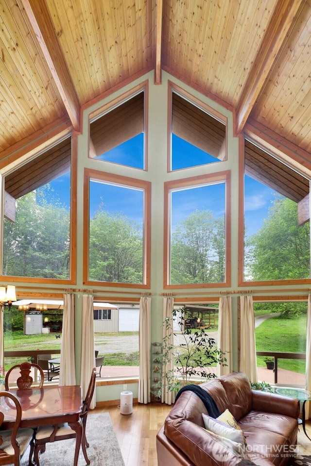 living area featuring hardwood / wood-style flooring, beamed ceiling, high vaulted ceiling, plenty of natural light, and wooden ceiling