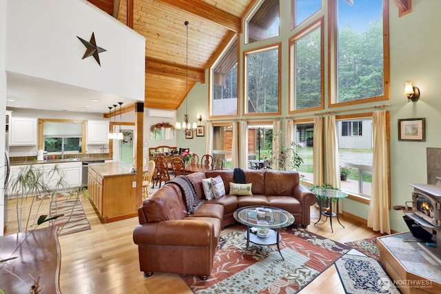 living area with high vaulted ceiling, a wood stove, light wood-style floors, beamed ceiling, and a chandelier