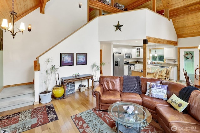 living room with wood ceiling, high vaulted ceiling, a chandelier, wood finished floors, and beam ceiling