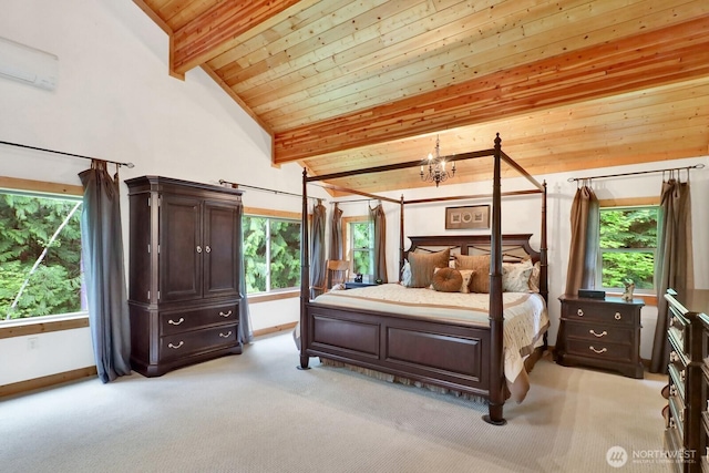 bedroom featuring multiple windows, light carpet, a chandelier, baseboards, and wood ceiling