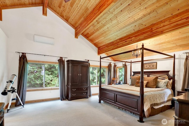 bedroom featuring light colored carpet, multiple windows, beamed ceiling, a chandelier, and wooden ceiling