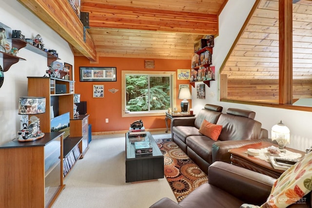 carpeted living room with wooden ceiling, lofted ceiling, and baseboards