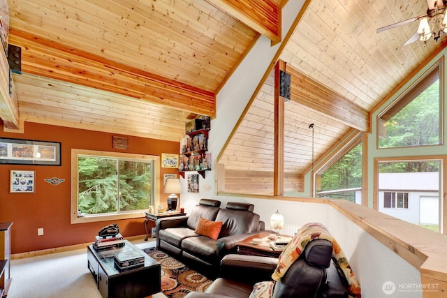living room featuring wooden ceiling, a ceiling fan, baseboards, and carpet flooring