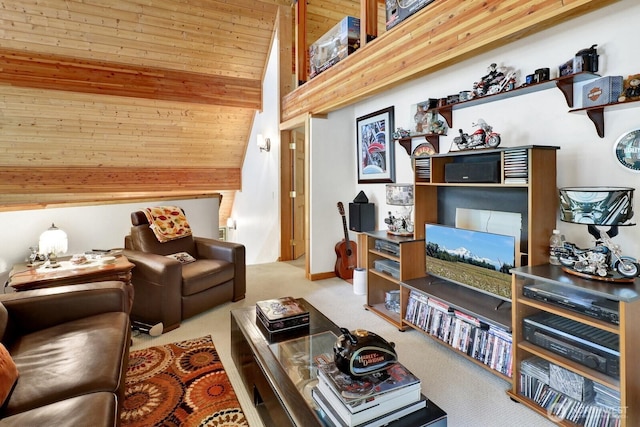 carpeted living room with lofted ceiling