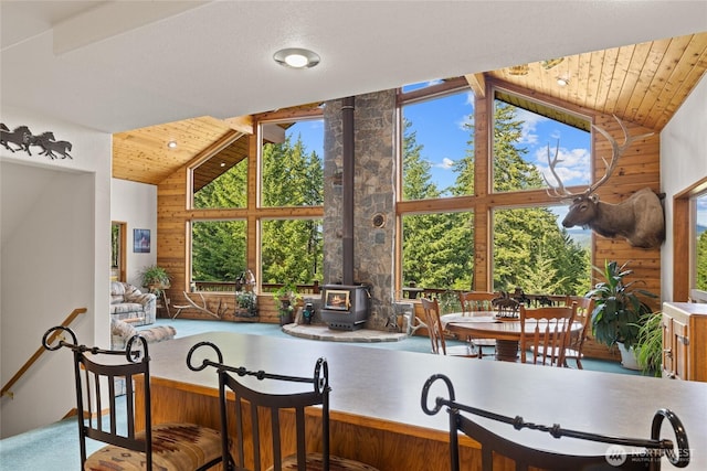 1101 Emerick Rd, Cle Elum, WA 98922 - kitchen featuring a wood stove, high vaulted ceiling, wooden ceiling, and wooden walls