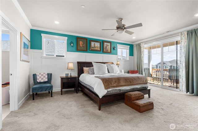1436 Baker Heights Loop, Bremerton, WA 98312 - carpeted bedroom with crown molding, access to exterior, ceiling fan, and a wainscoted wall