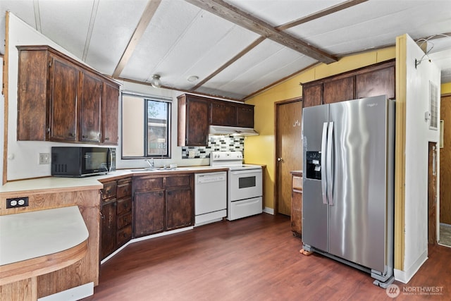 15016 W Thorne Ln SW Unit 7, Lakewood, WA 98498 - kitchen featuring white appliances, under cabinet range hood, dark wood-style floors, light countertops, and a sink