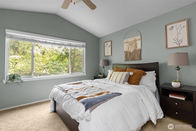 19120 110th Pl SE, Renton, WA 98055 - bedroom featuring carpet flooring, vaulted ceiling, baseboards, and ceiling fan