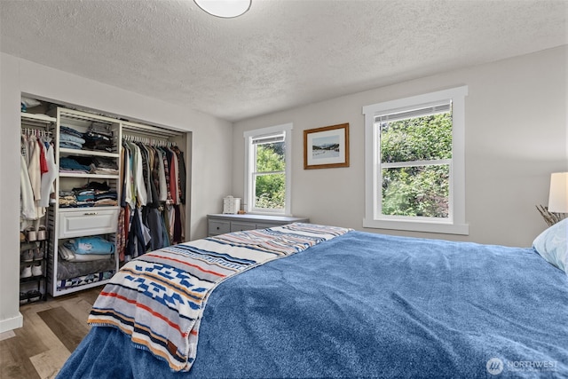 bedroom with wood finished floors, a textured ceiling, a closet, and multiple windows