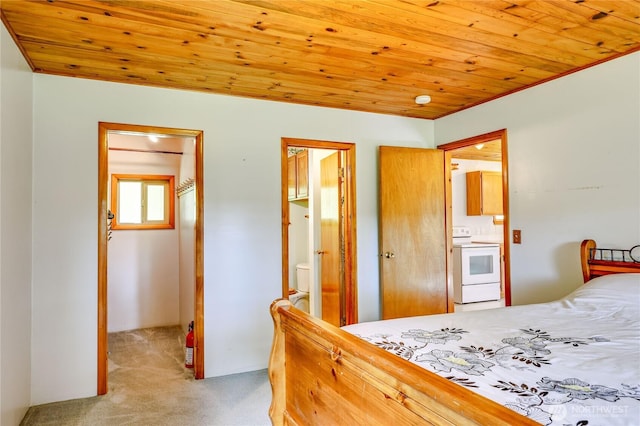 37611 Hansville Rd NE, Hansville, WA 98340 - bedroom featuring light carpet, wooden ceiling, and connected bathroom