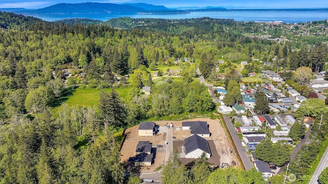 view of property location featuring a forest, a water and mountain view, and nearby suburban area
