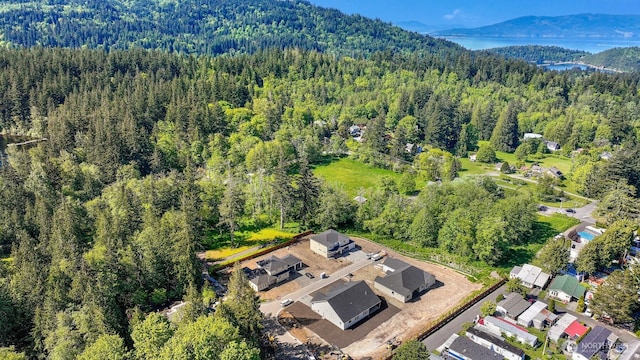 aerial overview of property's location featuring a heavily wooded area and a mountainous background