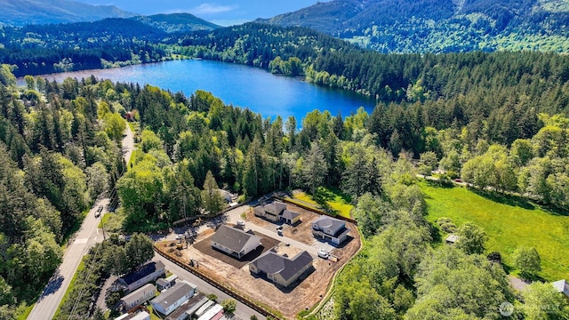 aerial view of a heavily wooded area and a water and mountain view