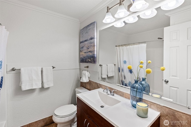 bathroom with ornamental molding, vanity, toilet, and a shower with shower curtain