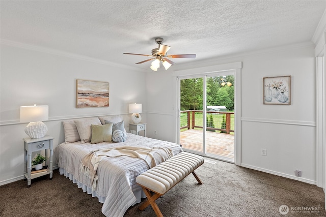 bedroom with access to exterior, crown molding, carpet flooring, a textured ceiling, and baseboards