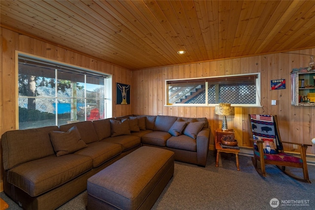 living room with plenty of natural light, wooden ceiling, wood walls, and carpet flooring