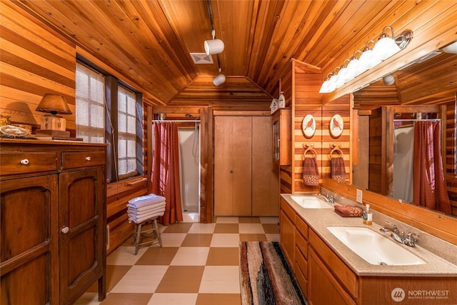 bathroom featuring tile patterned floors, wooden ceiling, vaulted ceiling, curtained shower, and wooden walls
