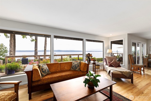 living room featuring a water view and light wood finished floors