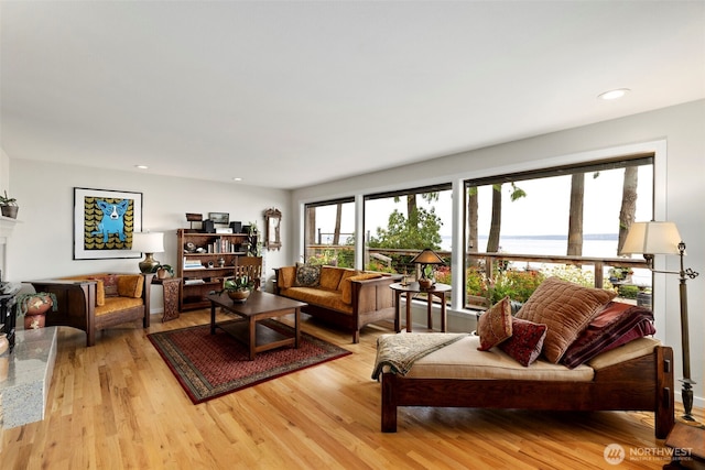 living room featuring light wood-type flooring, recessed lighting, and a premium fireplace