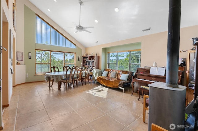 20501 Delta Rd NW, Soap Lake, WA 98851 - dining room with ceiling fan, healthy amount of natural light, high vaulted ceiling, light tile patterned floors, and recessed lighting