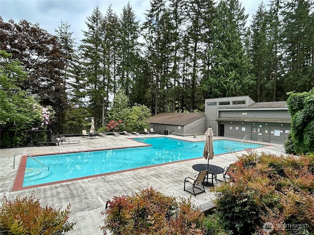 community pool with a patio area, fence, and view of wooded area