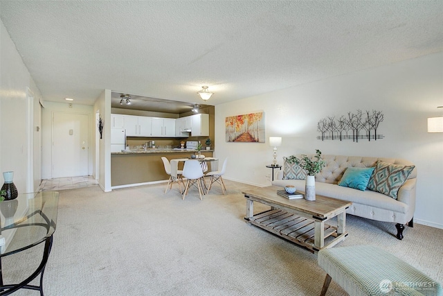 living area featuring light colored carpet, baseboards, and a textured ceiling