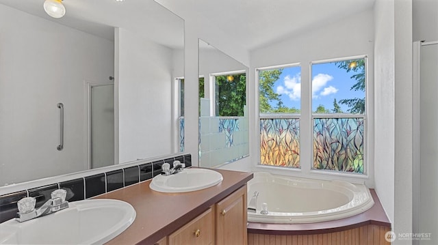 9904 237th Street Ct E, Graham, WA 98338 - full bath with a bath, a shower stall, double vanity, and vaulted ceiling