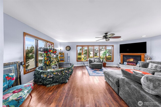 801 Bender Pl, Lynden, WA 98264 - living room with healthy amount of natural light, wood-type flooring, a glass covered fireplace, and baseboards