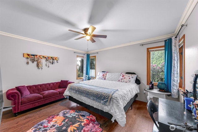 801 Bender Pl, Lynden, WA 98264 - bedroom with wood finished floors, crown molding, a ceiling fan, and baseboards