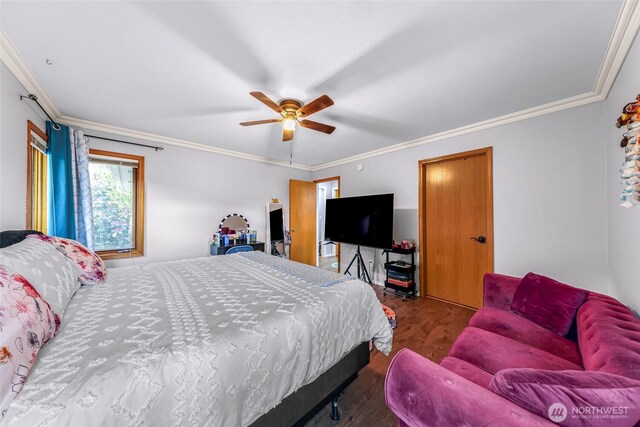801 Bender Pl, Lynden, WA 98264 - bedroom with wood finished floors, ornamental molding, and ceiling fan