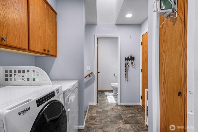 801 Bender Pl, Lynden, WA 98264 - laundry room featuring cabinet space, separate washer and dryer, baseboards, stone finish flooring, and recessed lighting
