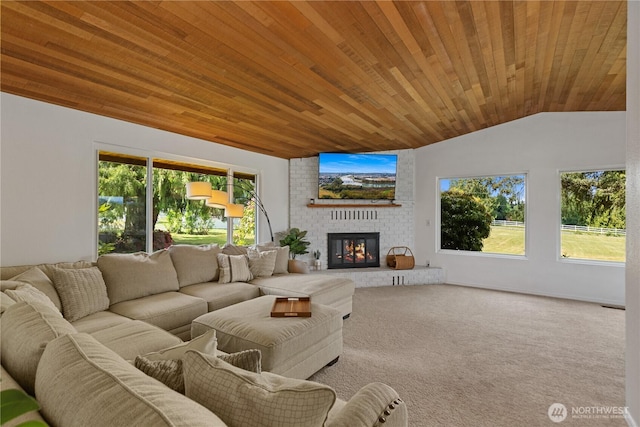 9320 96th St NE, Arlington, WA 98223 - carpeted living room with wooden ceiling, vaulted ceiling, and a brick fireplace