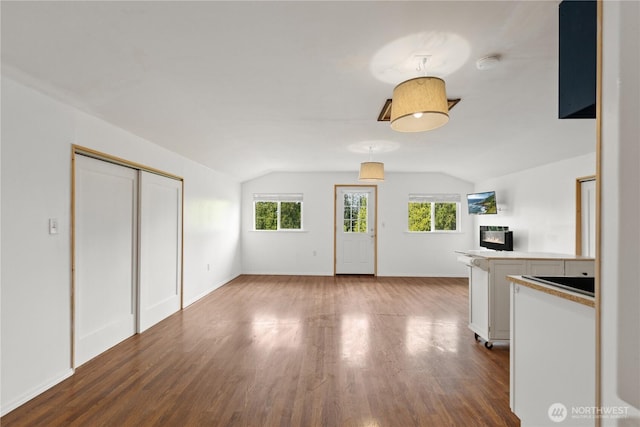 9320 96th St NE, Arlington, WA 98223 - unfurnished living room featuring vaulted ceiling, dark wood-style flooring, and baseboards
