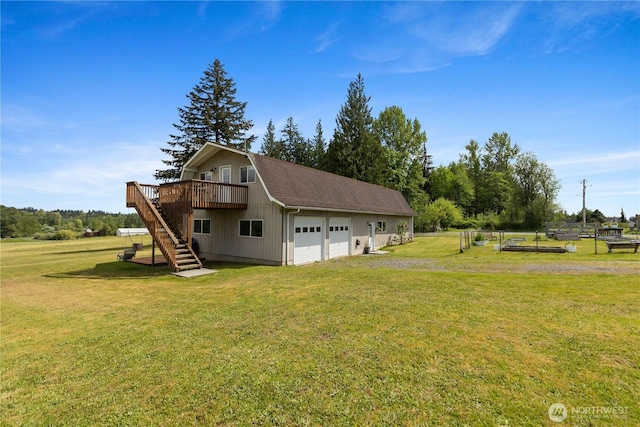 9320 96th St NE, Arlington, WA 98223 - view of side of home featuring stairs, a wooden deck, a yard, a garage, and a shingled roof