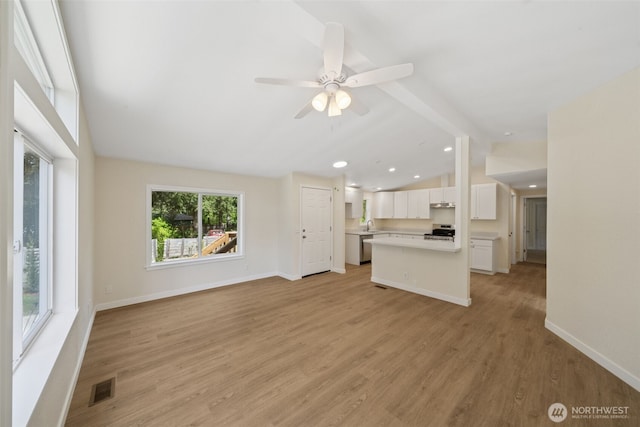 unfurnished living room with light wood finished floors, baseboards, a ceiling fan, and recessed lighting