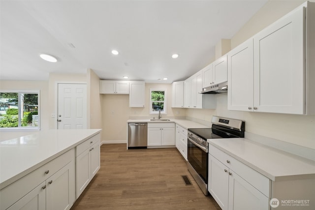 kitchen featuring stainless steel appliances, a sink, under cabinet range hood, light wood finished floors, and white cabinets