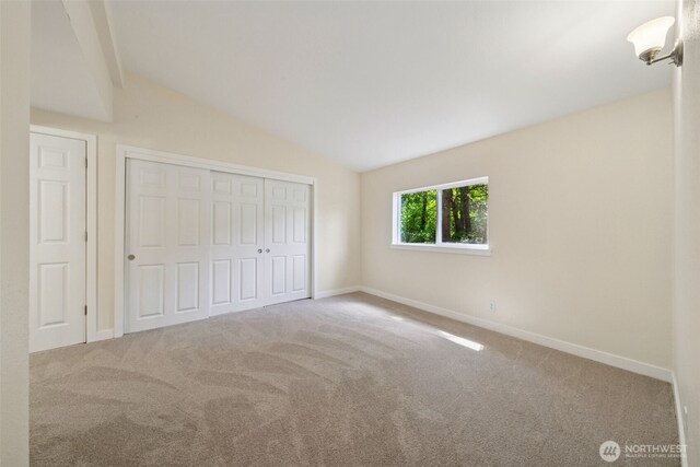 unfurnished bedroom with lofted ceiling, carpet flooring, baseboards, and a closet