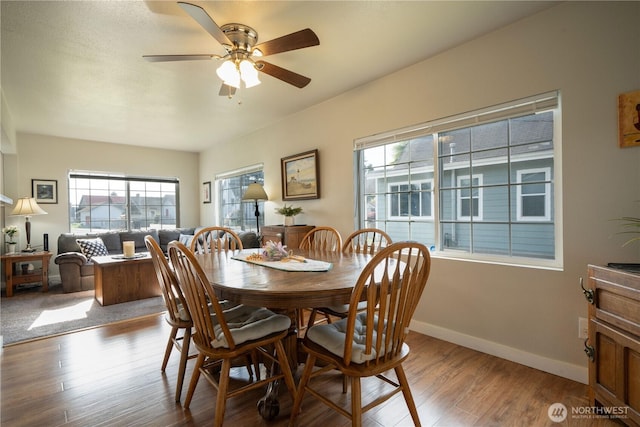213 N Division, Elma, WA 98541 - dining area with wood finished floors, a ceiling fan, and baseboards