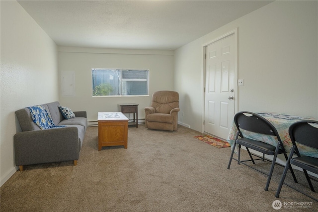 213 N Division, Elma, WA 98541 - living room featuring light carpet, a baseboard radiator, and baseboards