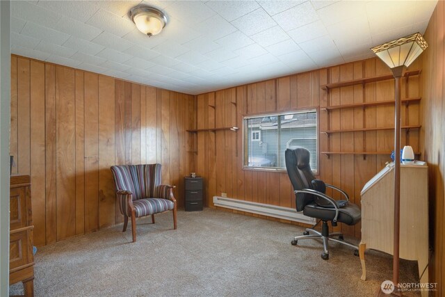 213 N Division, Elma, WA 98541 - carpeted home office featuring wooden walls and a baseboard heating unit