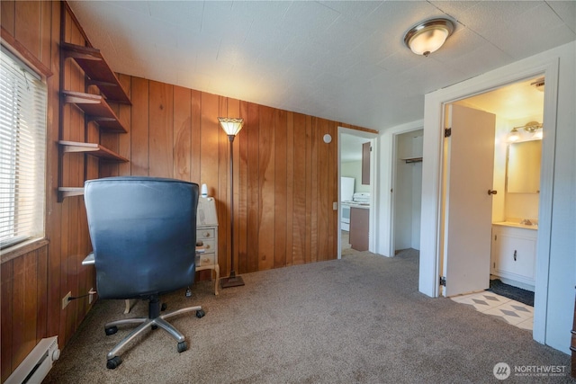 213 N Division, Elma, WA 98541 - unfurnished office with a baseboard radiator, carpet flooring, and wooden walls