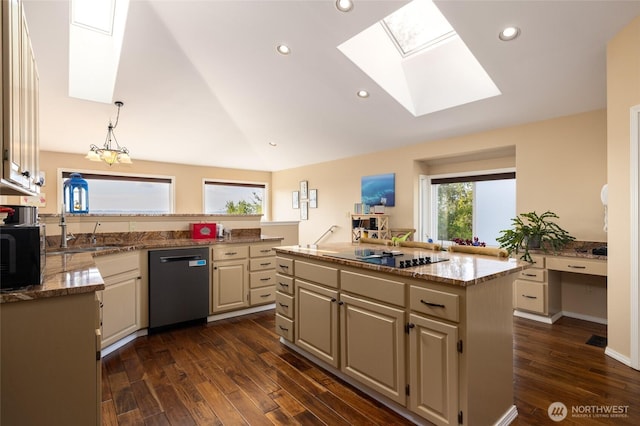 987 NW Camano Dr, Camano Island, WA 98282 - kitchen with dishwasher, black electric cooktop, a skylight, vaulted ceiling, and dark wood-style floors
