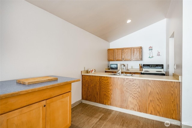 7806 Birch Bay Dr Unit 515, Blaine, WA 98230 - kitchen featuring electric range oven, a sink, vaulted ceiling, white microwave, and wood finished floors