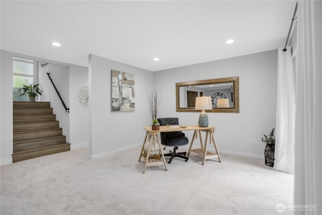 carpeted home office with baseboards and recessed lighting