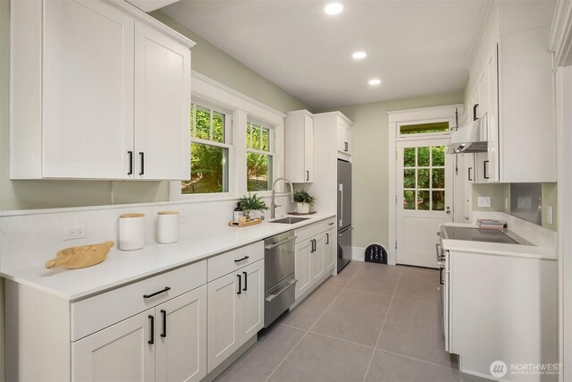 kitchen featuring appliances with stainless steel finishes, a sink, under cabinet range hood, recessed lighting, and white cabinetry