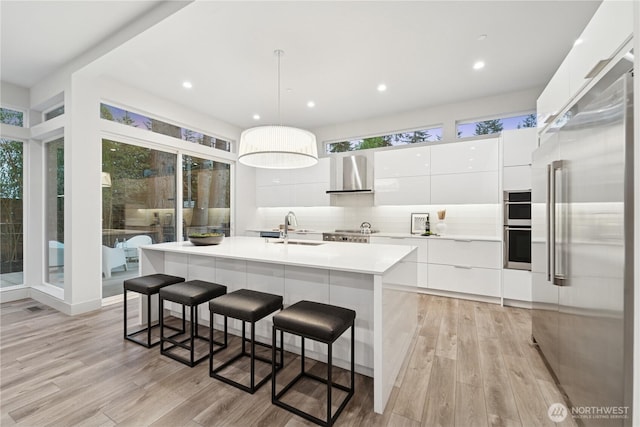 kitchen with appliances with stainless steel finishes, modern cabinets, wall chimney range hood, a sink, and recessed lighting