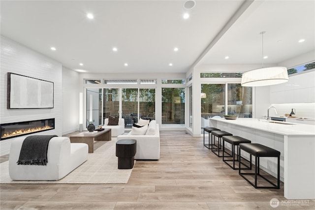 living area with a fireplace, light wood-style flooring, recessed lighting, and healthy amount of natural light