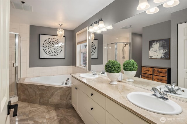1416 6th Ave N, Seattle, WA 98109 - full bathroom with a stall shower, a garden tub, double vanity, and marble finish floors