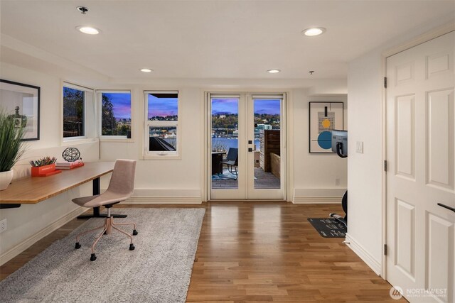 1416 6th Ave N, Seattle, WA 98109 - office area featuring wood finished floors, recessed lighting, french doors, and baseboards