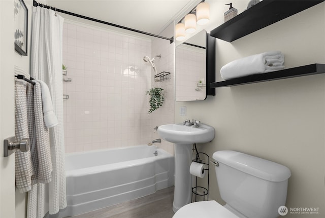 18906 32nd Ave NE, Lake Forest Park, WA 98155 - full bath with wood finished floors, toilet, shower / bathtub combination with curtain, and a sink